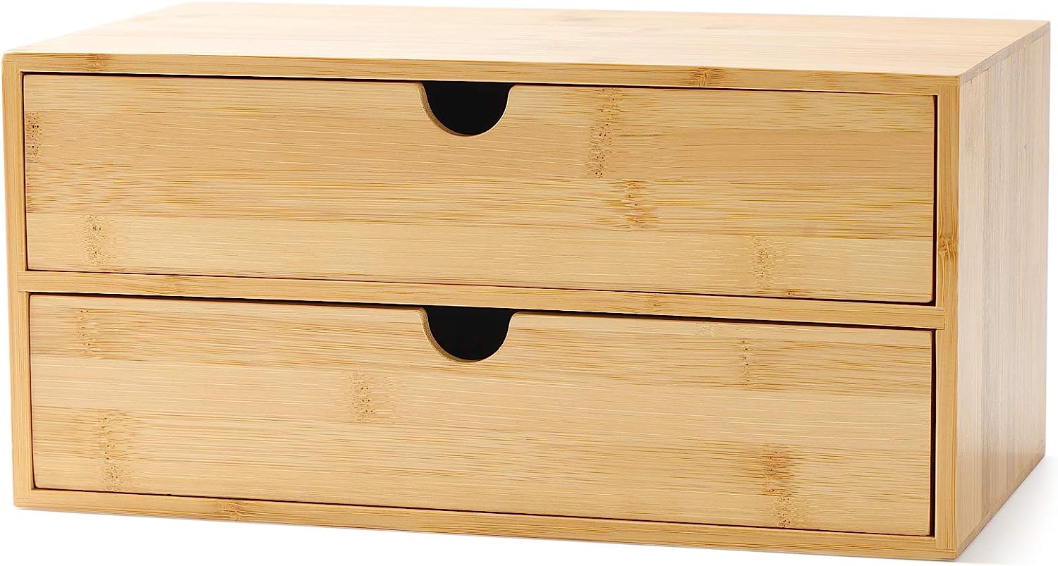 230816082440028_1 Wisuce 100% Original Bamboo Desk Organizer, Mini Bamboo Desk Drawer Tabletop Storage Organization Box for Office Home Toiletries Supplies Vanity, No Assembly Required (3 Drawer with Shelf) - Image 1